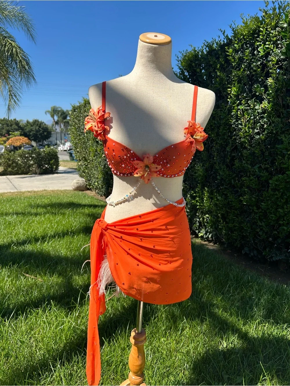 Embellished Orange Dance Set with Floral Accents